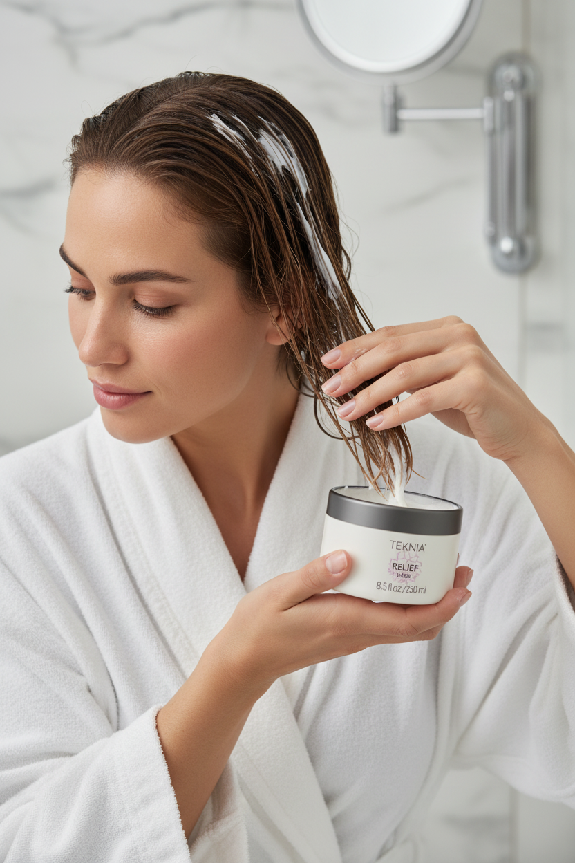 Applying RELIEF Comfort Mask to hair