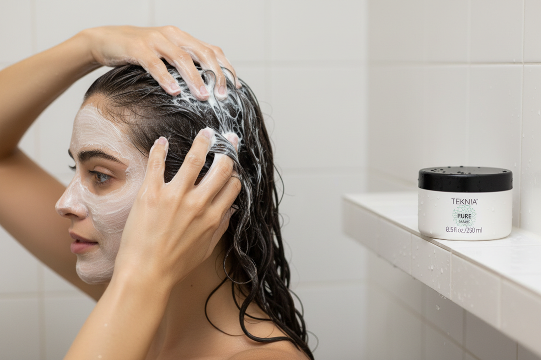 Massaging PURE Purifying Mask through hair