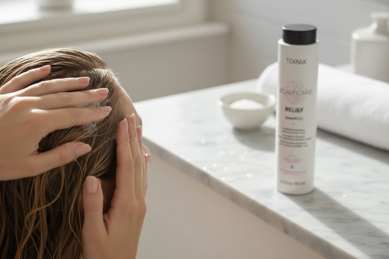 Model massaging RELIEF Soothing Shampoo into scalp