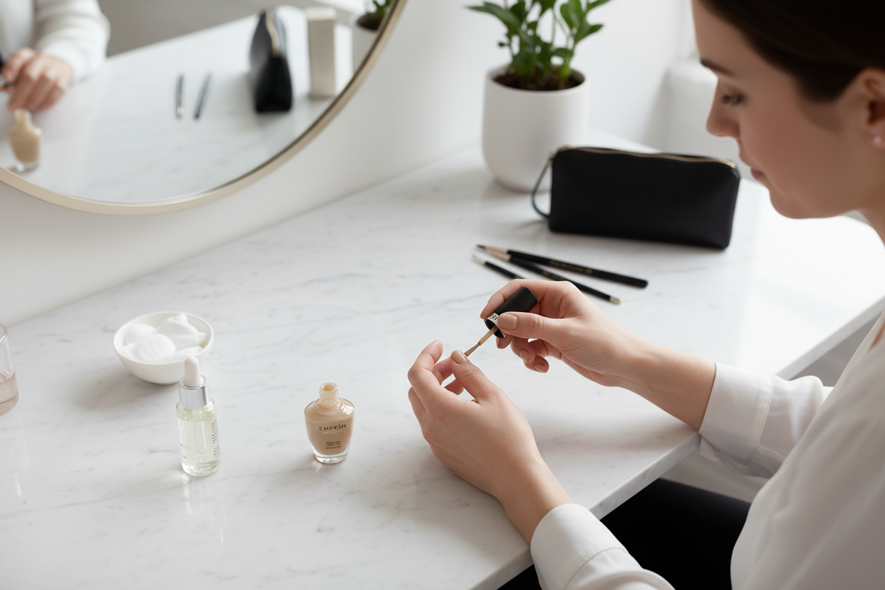 Applying CUCCIO Manicure at vanity