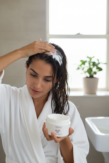 Applying RELIEF Comfort Mask to hair