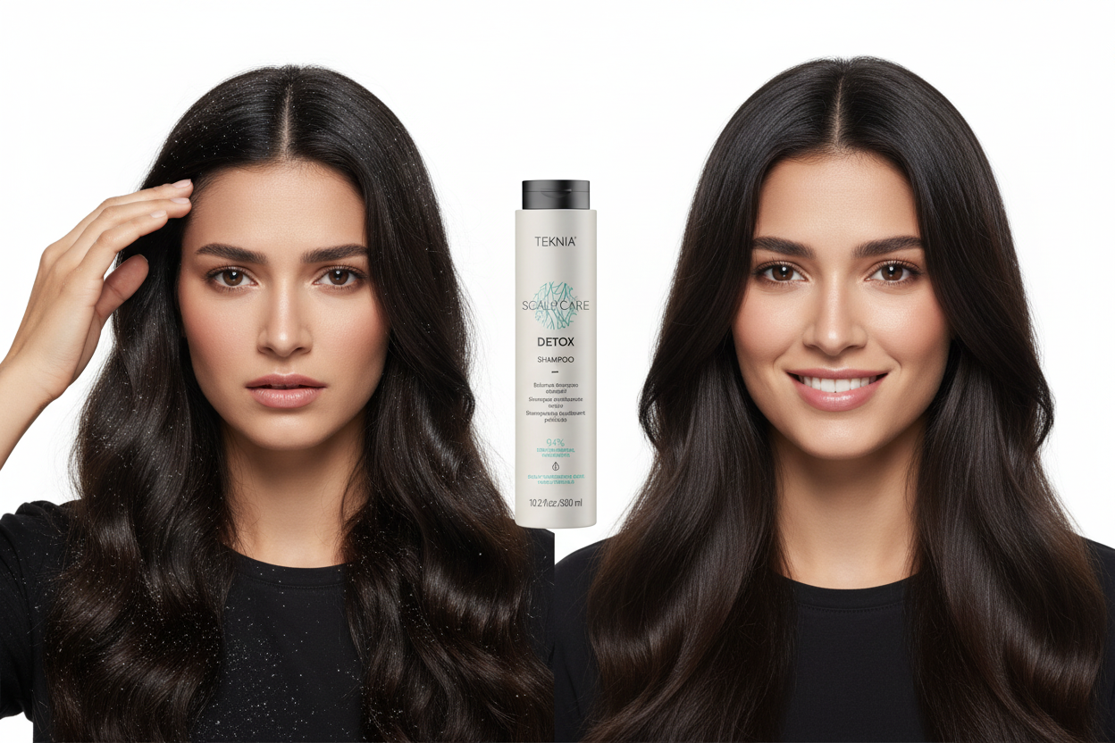 DETOX Dandruff Control Shampoo before and after split screen