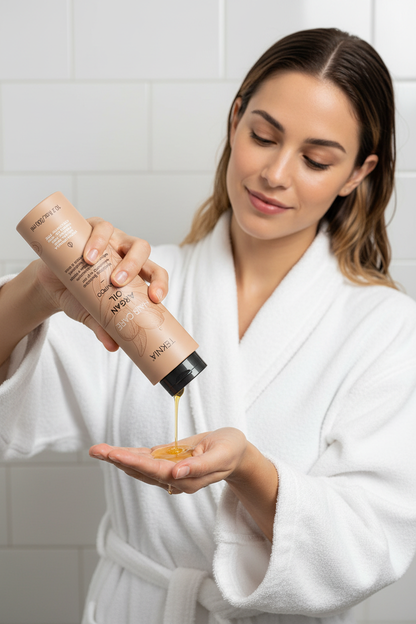 Dispensing TEKNIA Argan Oil Shampoo into palm