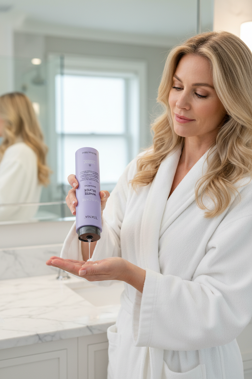 Dispensing TEKNIA White Silver Shampoo in modern bathroom