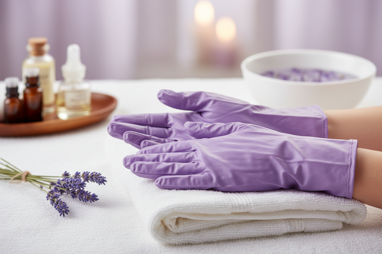Hands in Lavender Paraffin Treatment Gloves
