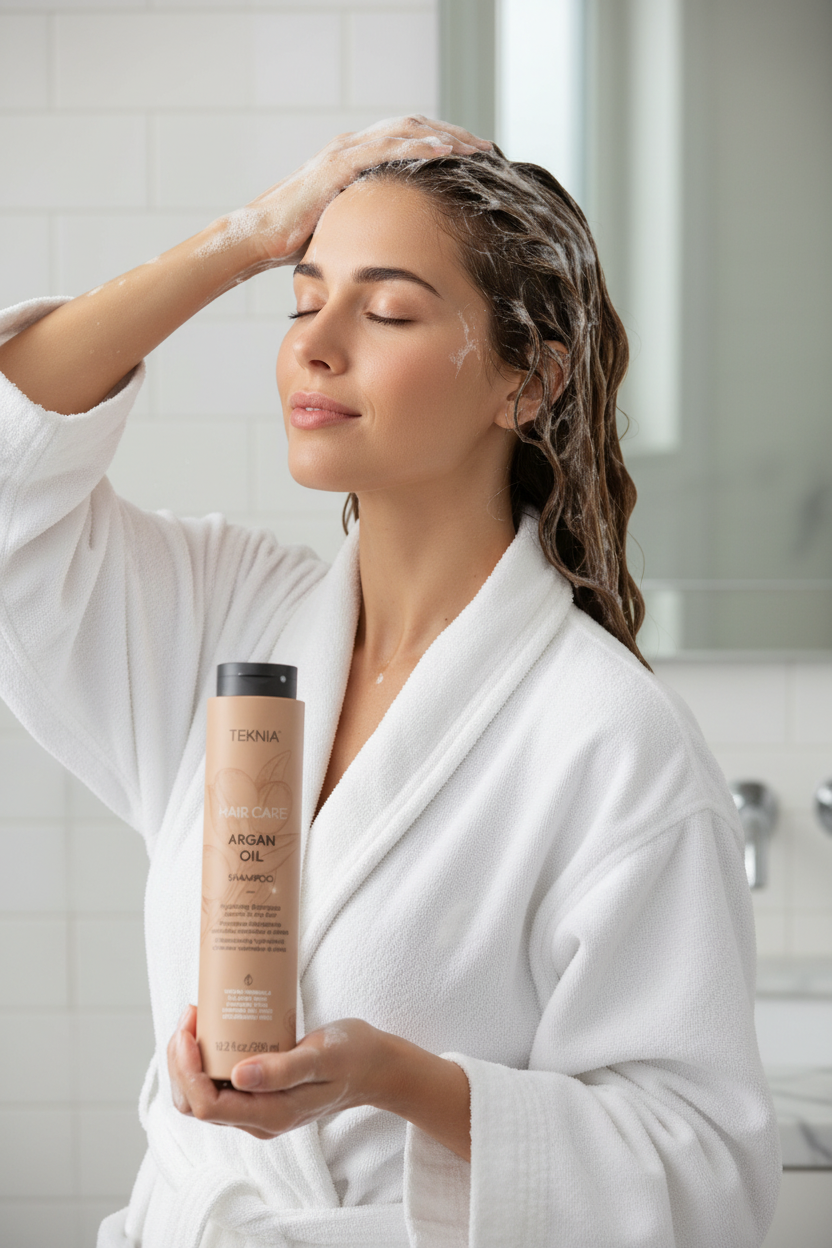 Massaging TEKNIA Argan Oil Shampoo into hair