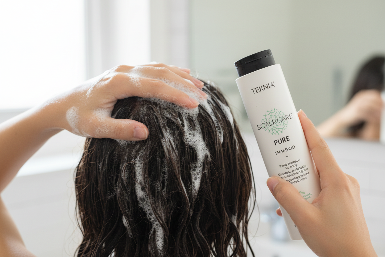 Model massaging PURE Clarifying Shampoo into scalp