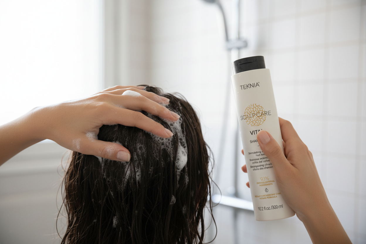 Model massaging VITAL Energizing Shampoo into scalp
