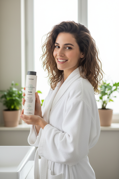 Model with clean hair holding PURE Clarifying Shampoo