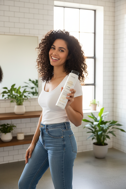 Model with revitalized hair holding VITAL Energizing Shampoo